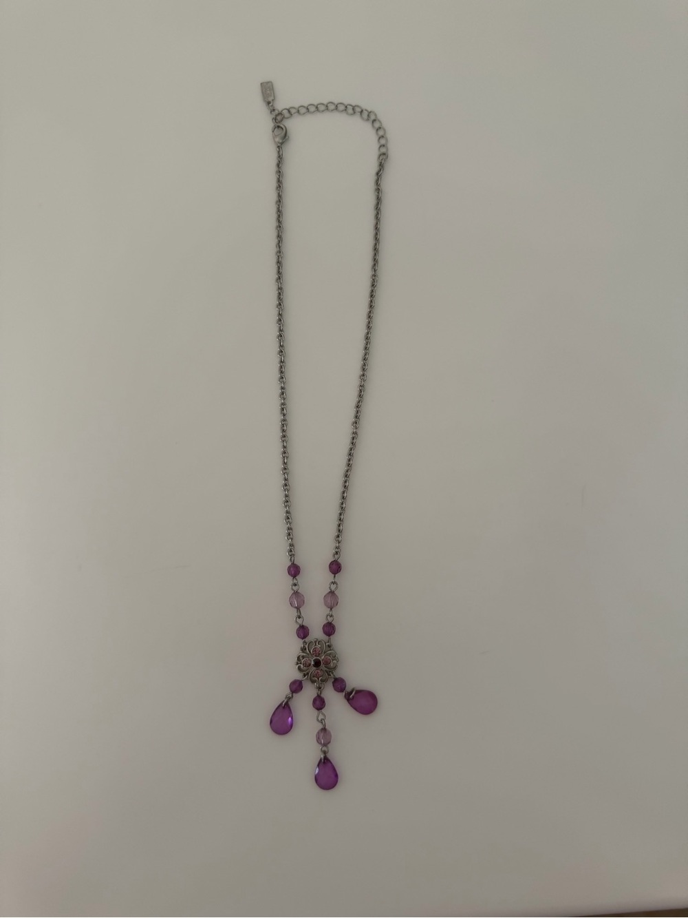 1928 Silver-Tone Necklace with Purple Teardrop Dangles